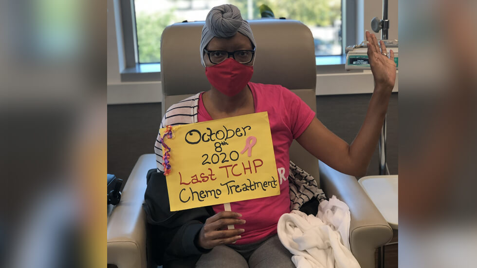 Gigi getting last chemotherapy treatment on October 8th, 2020