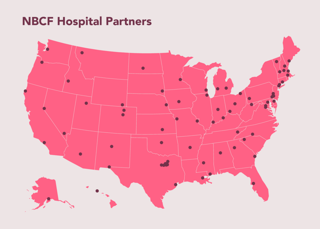 Map of the united states in pink with dots marking the National Breast Cancer Foundation hospital partners