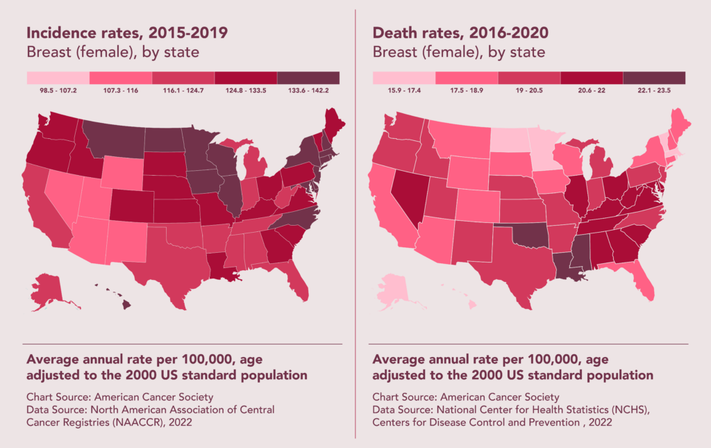Comparison of female breast cancer incidence and death rates between 2015-2019 and 2016-2020 by state