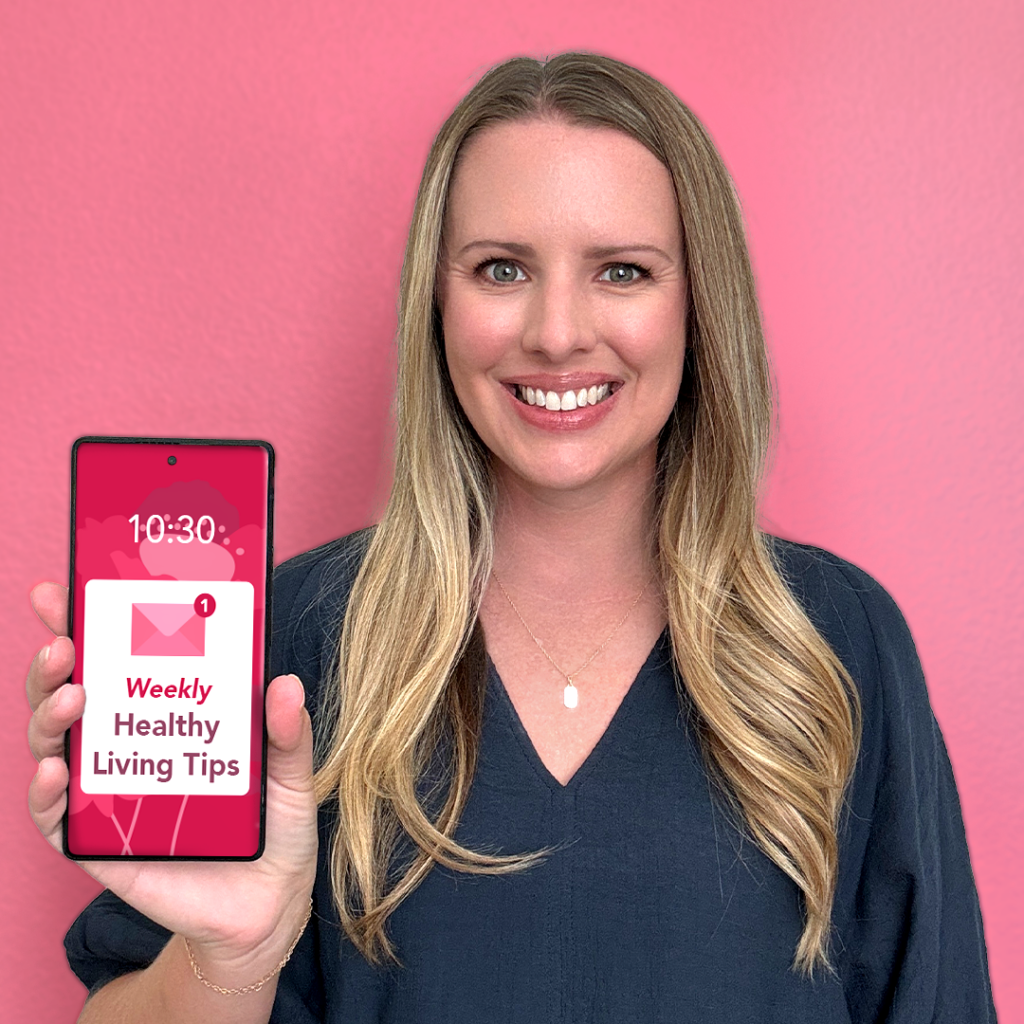 Woman holding phone showing Weekly Healthy Living Tips