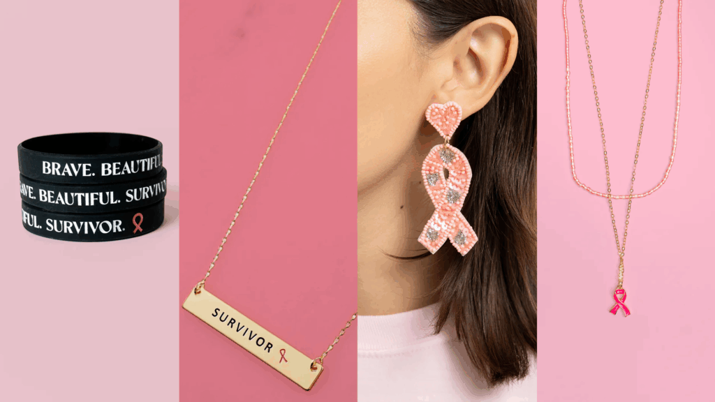 Collage image of pink ribbon survivor jewelry