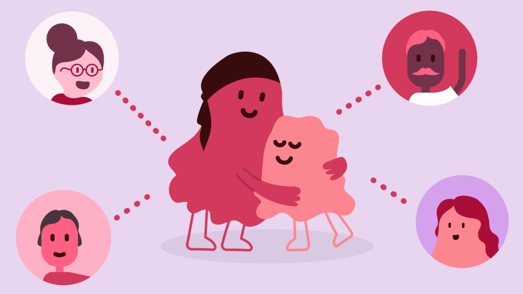 Illustration of a mother and child hugging, surrounded by supportive friends and family