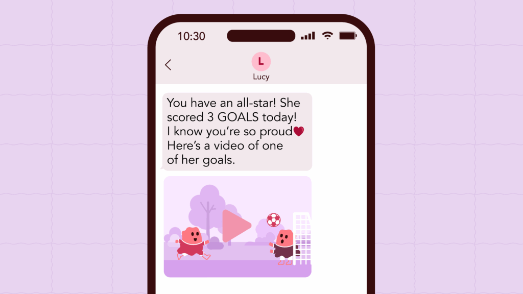 Illustration of a friend texting a mom a video of a soccer goal