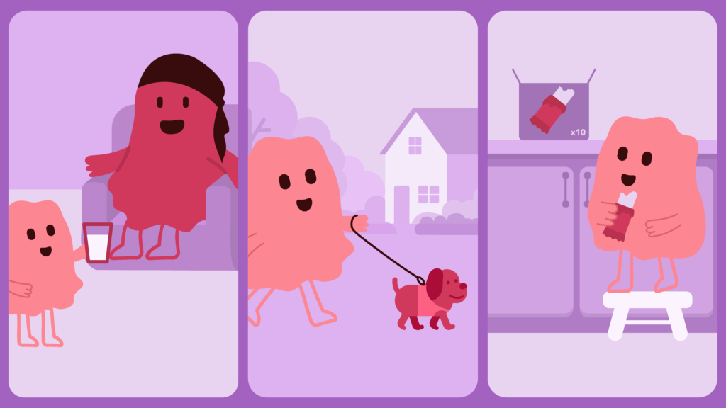 Three illustrations of a child bringing a parent water, walking a dog, and getting their own snack