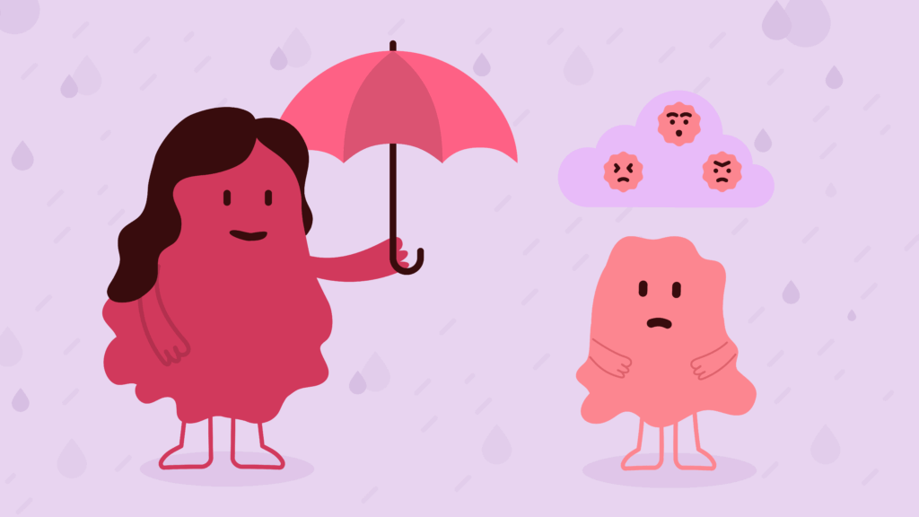 Illustration of a mom holding an umbrella over a child