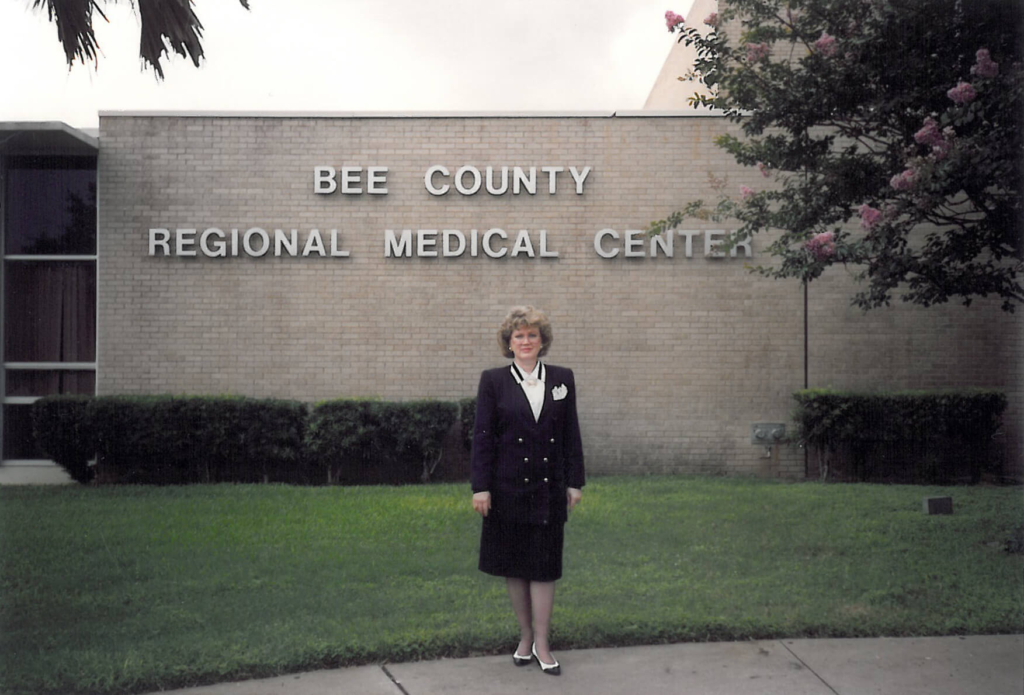Janelle Hail, CEO and founder of National Breast Cancer outside the Bee County Regional Medical Center in the 1990s