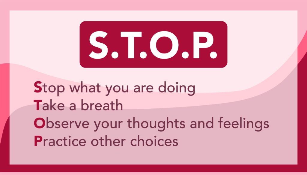 S.T.O.P tool - stop what you're doing, take a breath, observe your thoughts and feeling, practice other choices