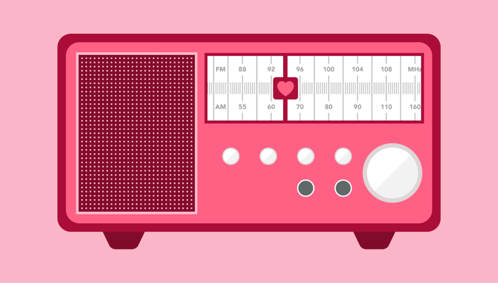 Illustration in pink of antique radio