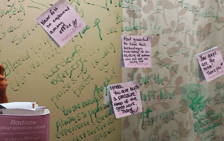 Mirror in the changing room of mammogram facility with inspirational messages all over it written by other women