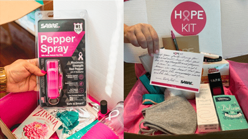 SABRE's pink pepper spray and handwritten supportive encouragement cards