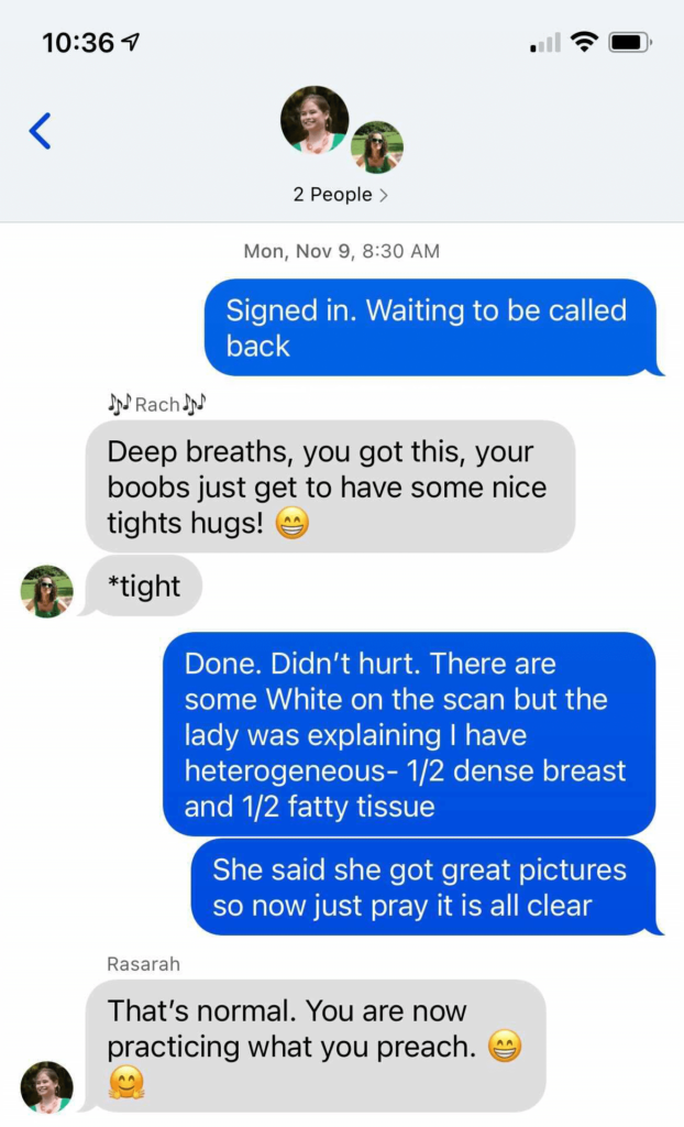 Becca Epperley's messages with Rach during her mammogram process