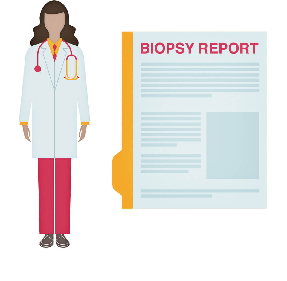 Illustration of a female doctor next to a file named Biopsy Report illustrating a biopsy results file